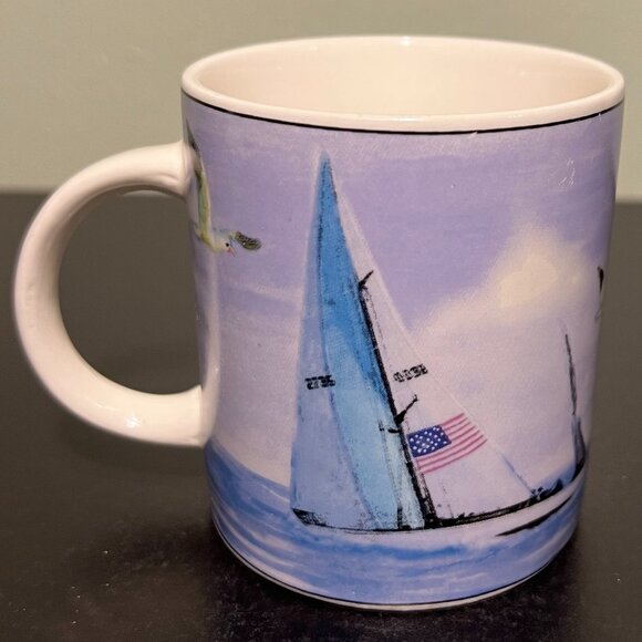 Set of 3 Thomson Pottery LIGHTHOUSE Ceramic Mugs Coast Sailboat Seagulls - Picture 2 of 11